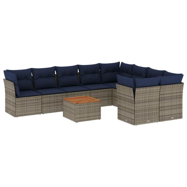 10-tlg. Garten-Sofagarnitur mit Kissen Grau Poly Rattan