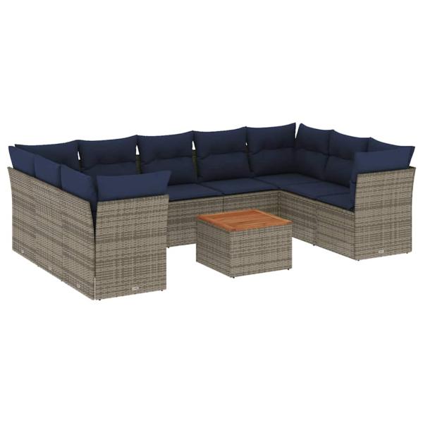 10-tlg. Garten-Sofagarnitur mit Kissen Grau Poly Rattan