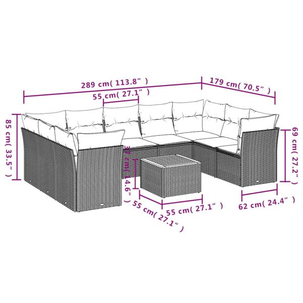 10-tlg. Garten-Sofagarnitur mit Kissen Grau Poly Rattan