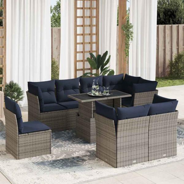ARDEBO.de - 9-tlg. Garten-Sofagarnitur mit Kissen Grau Poly Rattan Akazie