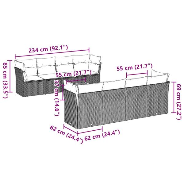9-tlg. Garten-Sofagarnitur mit Kissen Grau Poly Rattan