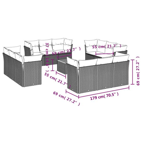 13-tlg. Garten-Sofagarnitur mit Kissen Grau Poly Rattan