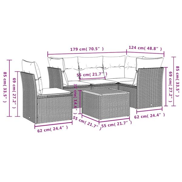 6-tlg. Garten-Sofagarnitur mit Kissen Grau Poly Rattan
