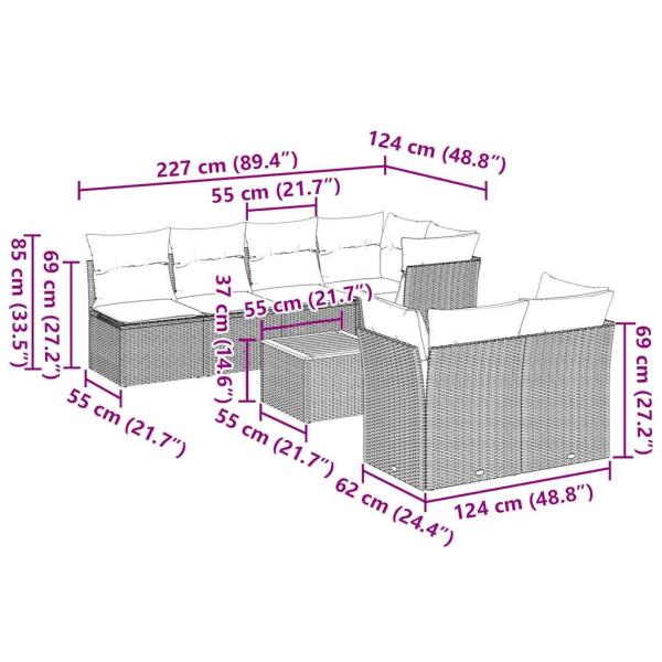 8-tlg. Garten-Sofagarnitur mit Kissen Grau Poly Rattan