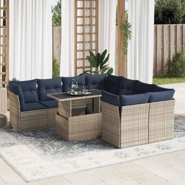 ARDEBO.de - 9-tlg. Garten-Sofagarnitur mit Kissen Grau Poly Rattan Akazie