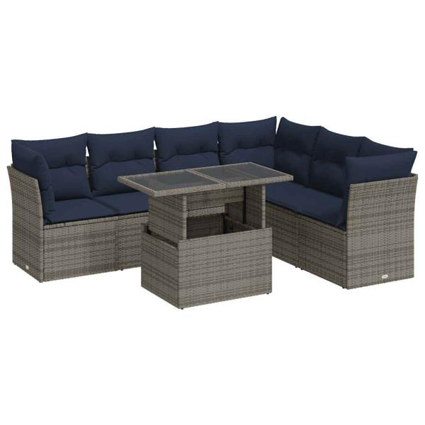 7-tlg. Garten-Sofagarnitur mit Kissen Schwarz Poly Rattan