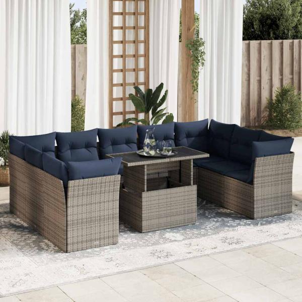 ARDEBO.de - 10-tlg. Garten-Sofagarnitur mit Kissen Grau Poly Rattan Akazie