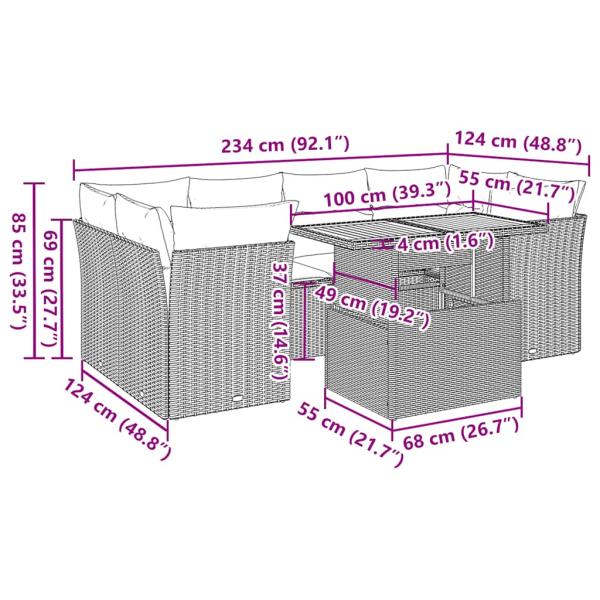 7-tlg. Garten-Sofagarnitur mit Kissen Grau Poly Rattan