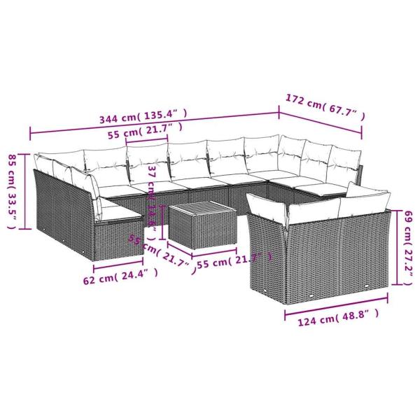 13-tlg. Garten-Sofagarnitur mit Kissen Grau Poly Rattan