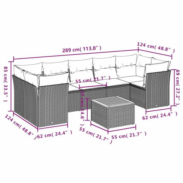 8-tlg. Garten-Sofagarnitur mit Kissen Grau Poly Rattan