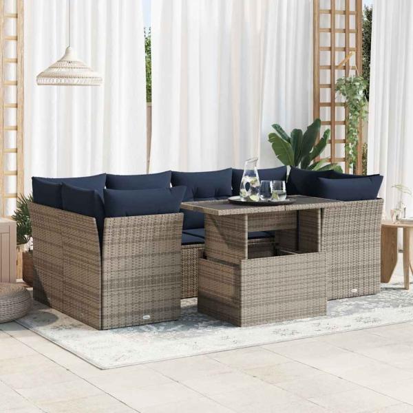 ARDEBO.de - 7-tlg. Garten-Sofagarnitur mit Kissen Grau Poly Rattan Akazie