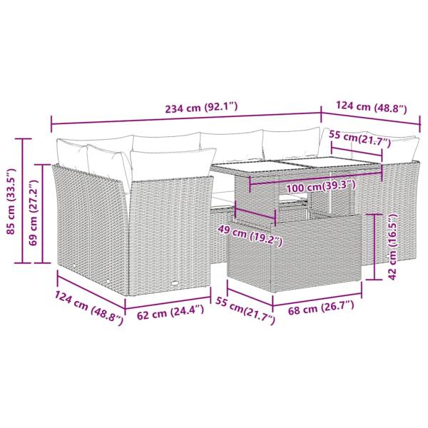7-tlg. Garten-Sofagarnitur mit Kissen Grau Poly Rattan Akazie
