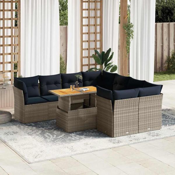 ARDEBO.de - 9-tlg. Garten-Sofagarnitur mit Kissen Grau Poly Rattan