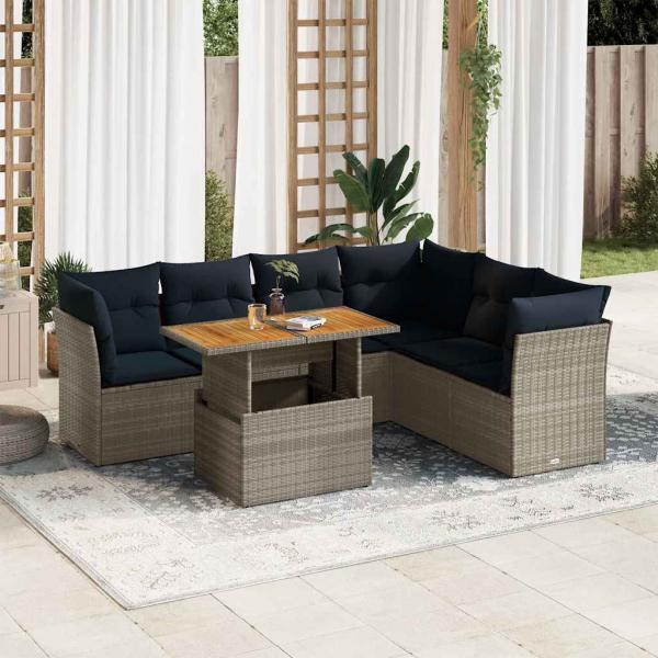 ARDEBO.de - 7-tlg. Garten-Sofagarnitur mit Kissen Grau Poly Rattan