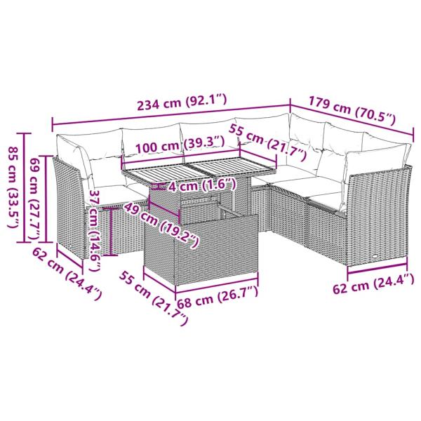 7-tlg. Garten-Sofagarnitur mit Kissen Grau Poly Rattan