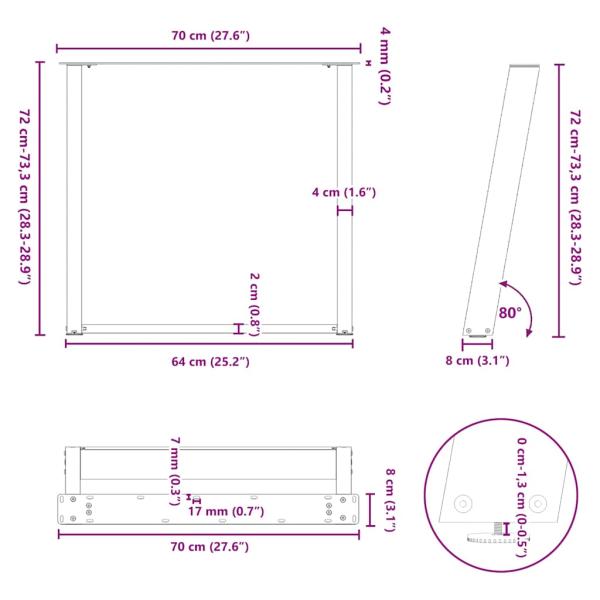 Esstischbeine U-Form 2 Stk. Naturstahl 70x(72-73) cm Stahl