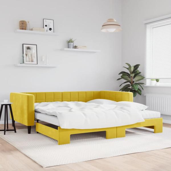 ARDEBO.de - Tagesbett Ausziehbar mit Matratzen Gelb 100x200 cm Samt