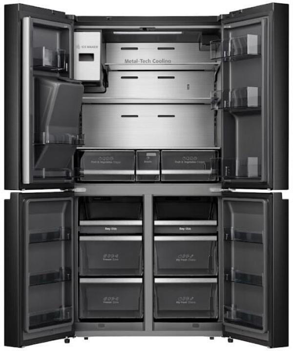 Hisense RQ760N4IFE Stand Side by Side Kombination MultiDoor, 91,4 cm breit, 577 L, Total NoFrost, Wasser-/Eisspender, Festwasseranschluss, WLAN, Schwarz Inox