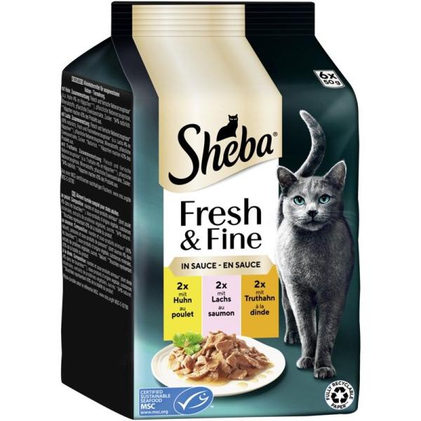 ARDEBO.de Sheba P.B. MP Fresh & Fine Huhn, Lachs & Truthahn in Sauce MSC 6x50g