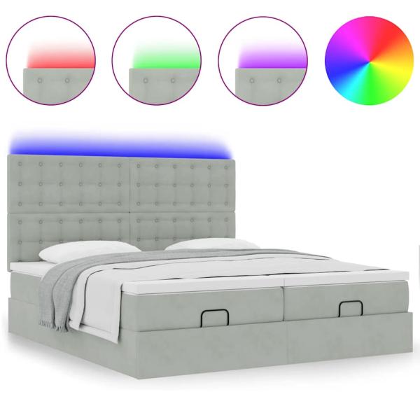 Ottoman-Bett mit Matratzen & LEDs Hellgrau 200x200 cm Samt