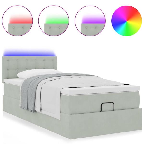 Ottoman-Bett mit Matratze & LEDs Hellgrau 100x200 cm Samt