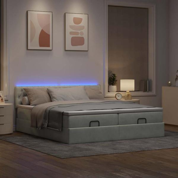 Ottoman-Bett mit Matratzen & LEDs Hellgrau 200x200 cm Samt