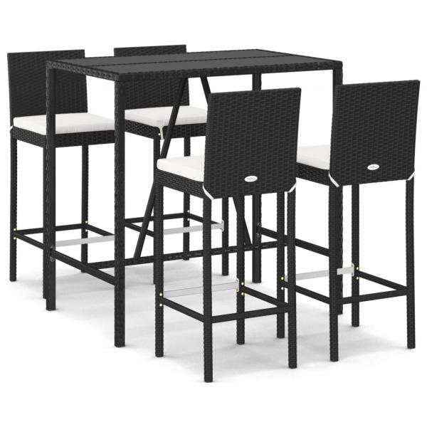 5-tlg. Gartenbar-Set mit Kissen Schwarz Poly Rattan