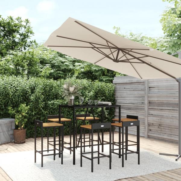 ARDEBO.de - 7-tlg. Gartenbar-Set Schwarz Poly Rattan & Massivholz Akazie