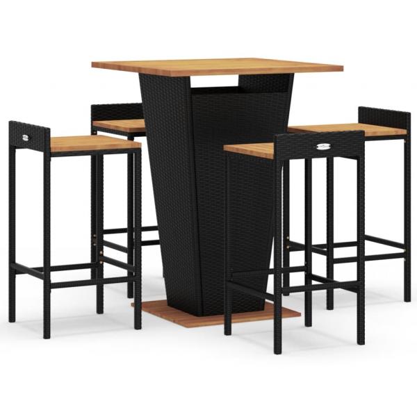 5-tlg. Gartenbar-Set Schwarz Poly Rattan & Massivholz Akazie