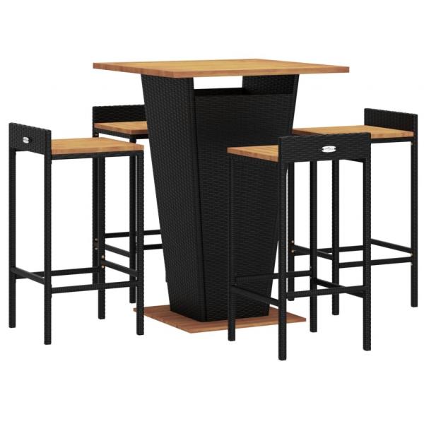 5-tlg. Gartenbar-Set Schwarz Poly Rattan & Massivholz Akazie