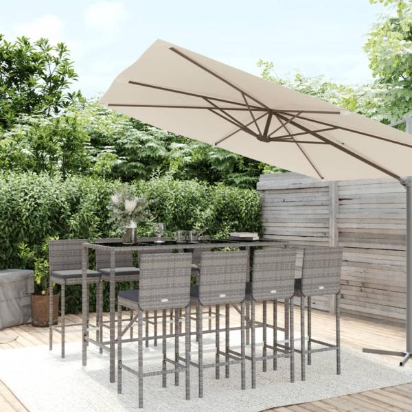 ARDEBO.de - 9-tlg. Gartenbar-Set mit Kissen Grau Poly Rattan
