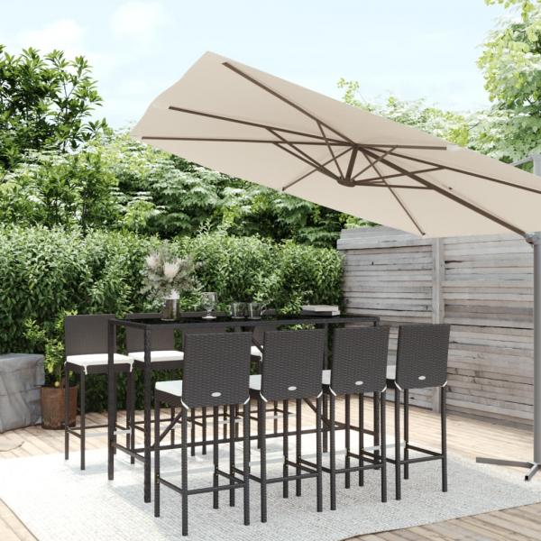 ARDEBO.de - 9-tlg. Gartenbar-Set mit Kissen Schwarz Poly Rattan