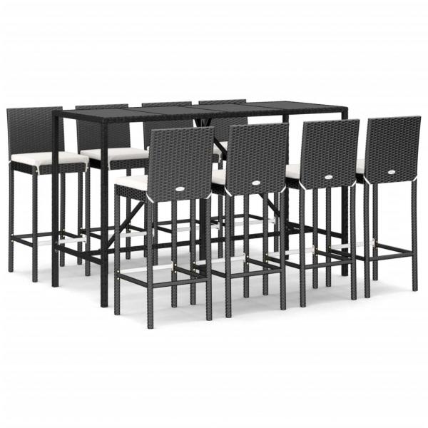 9-tlg. Gartenbar-Set mit Kissen Schwarz Poly Rattan