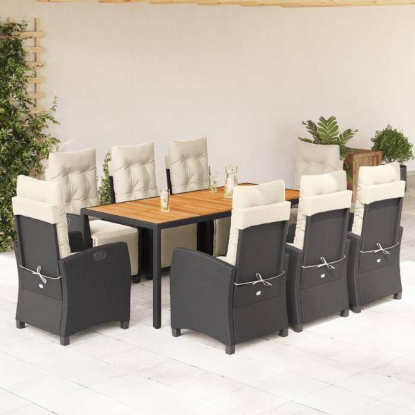ARDEBO.de - 9-tlg. Garten-Essgruppe mit Kissen Schwarz Poly Rattan