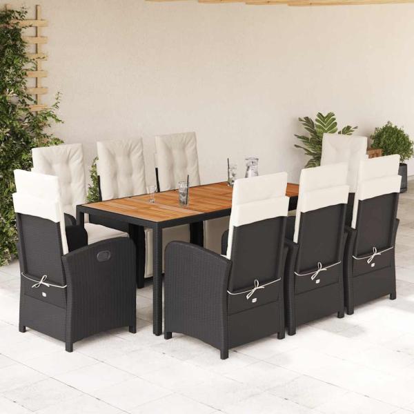 ARDEBO.de - 9-tlg. Garten-Essgruppe mit Kissen Schwarz Poly Rattan