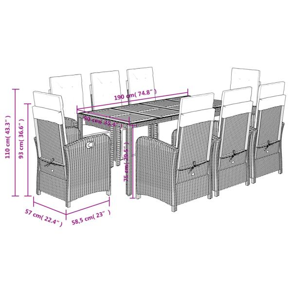9-tlg. Garten-Essgruppe mit Kissen Schwarz Poly Rattan