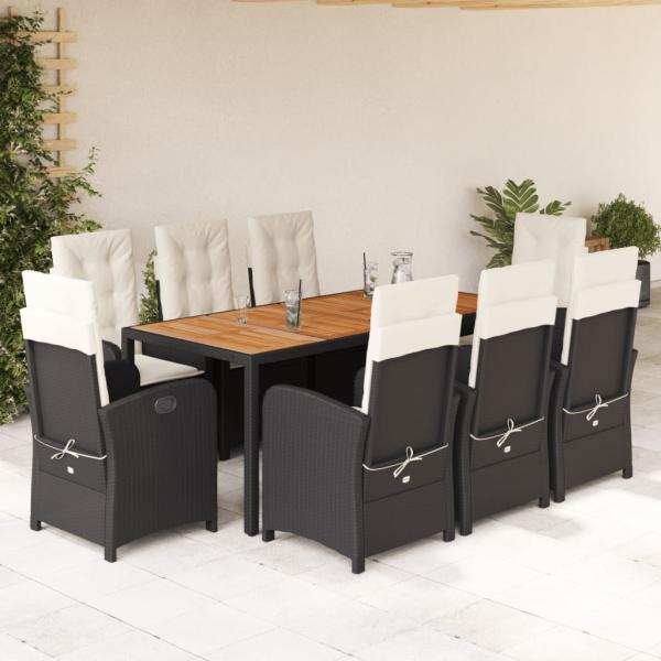 ARDEBO.de - 9-tlg. Garten-Essgruppe mit Kissen Schwarz Poly Rattan
