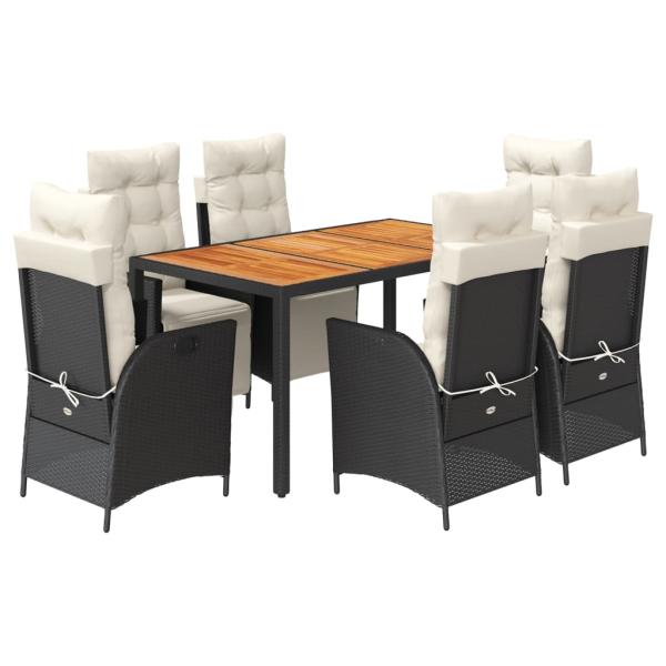 7-tlg. Garten-Essgruppe mit Kissen Schwarz Poly Rattan
