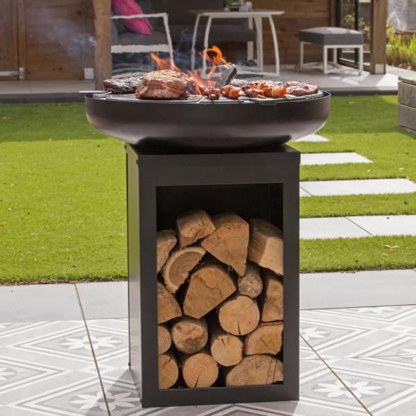 RedFire Feuerschale mit Grill und Holzfach Stahl Mattschwarz