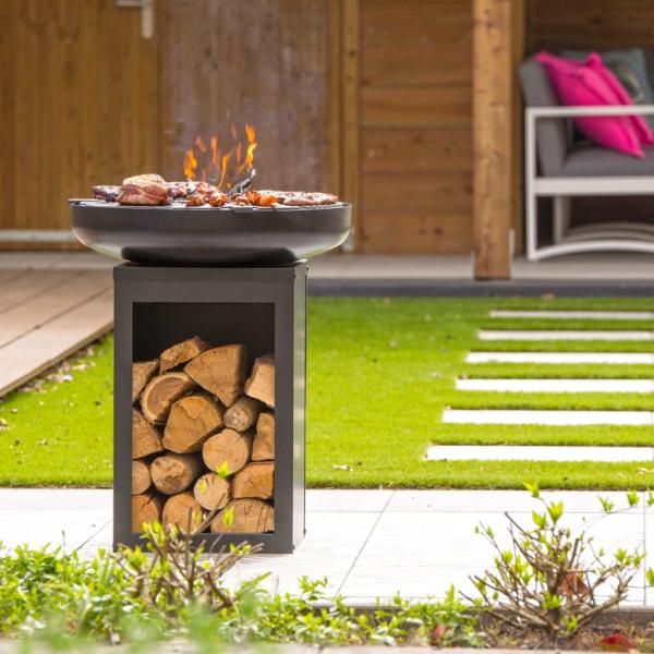 RedFire Feuerschale mit Grill und Holzfach Stahl Mattschwarz