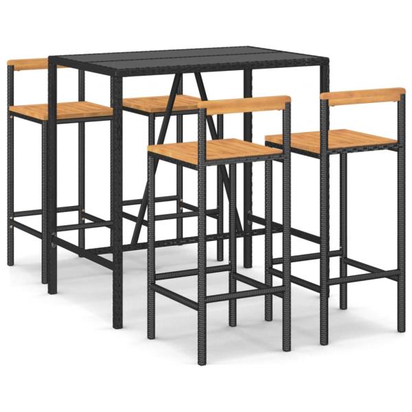 5-tlg. Gartenbar-Set Schwarz Poly Rattan & Massivholz Akazie
