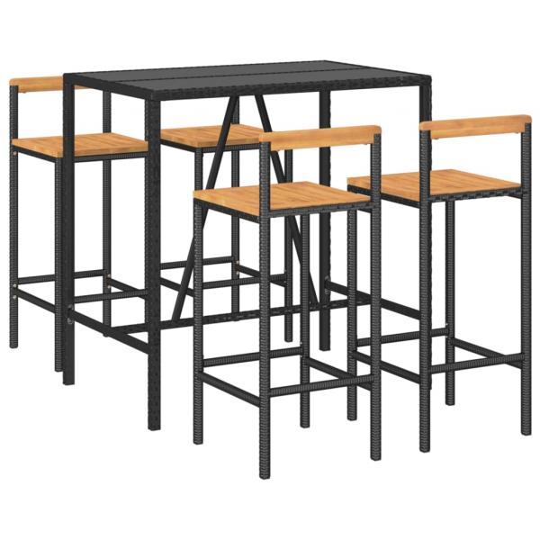 5-tlg. Gartenbar-Set Schwarz Poly Rattan & Massivholz Akazie