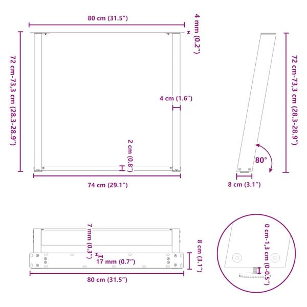 Esstischbeine U-Form 2 Stk. Naturstahl 80x(72-73) cm Stahl