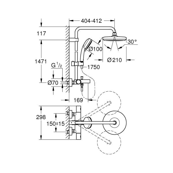 GROHE Tempesta Cosmopolitan System 210 Duschsystem mit Thermostat-Wannenbatterie, für die Wandmontage, chrom (26223001)