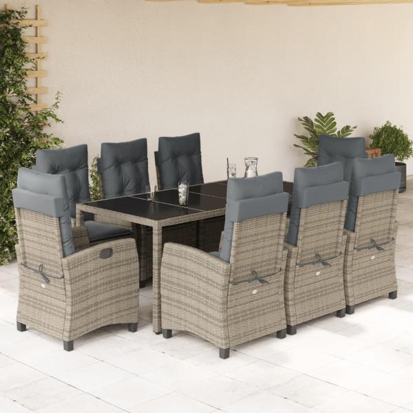 ARDEBO.de - 9-tlg. Garten-Essgruppe mit Kissen Grau Poly Rattan