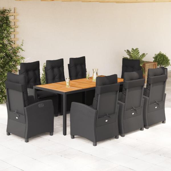 ARDEBO.de - 9-tlg. Garten-Essgruppe mit Kissen Schwarz Poly Rattan