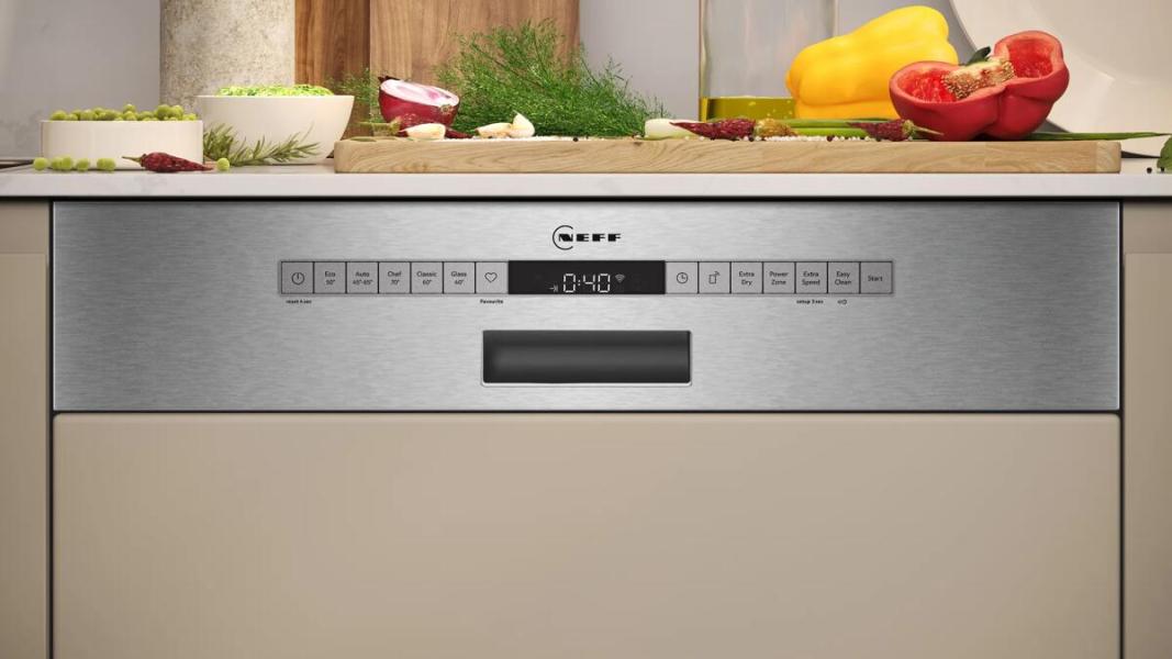 Neff S245ECS15E N50 Teilintegrierter Geschirrspüler, 60 cm breit, 14 Maßgedecke, AquaStop, HomeConnect, Besteckschublade, Edelstahl
