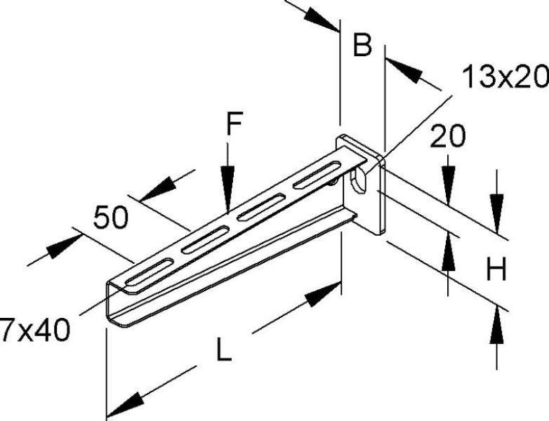 Niedax KTA 200 E3 Hängestiel- und Wandausleger, 55x210 mm, 2,5 kN, Edelstahl, gebeizt