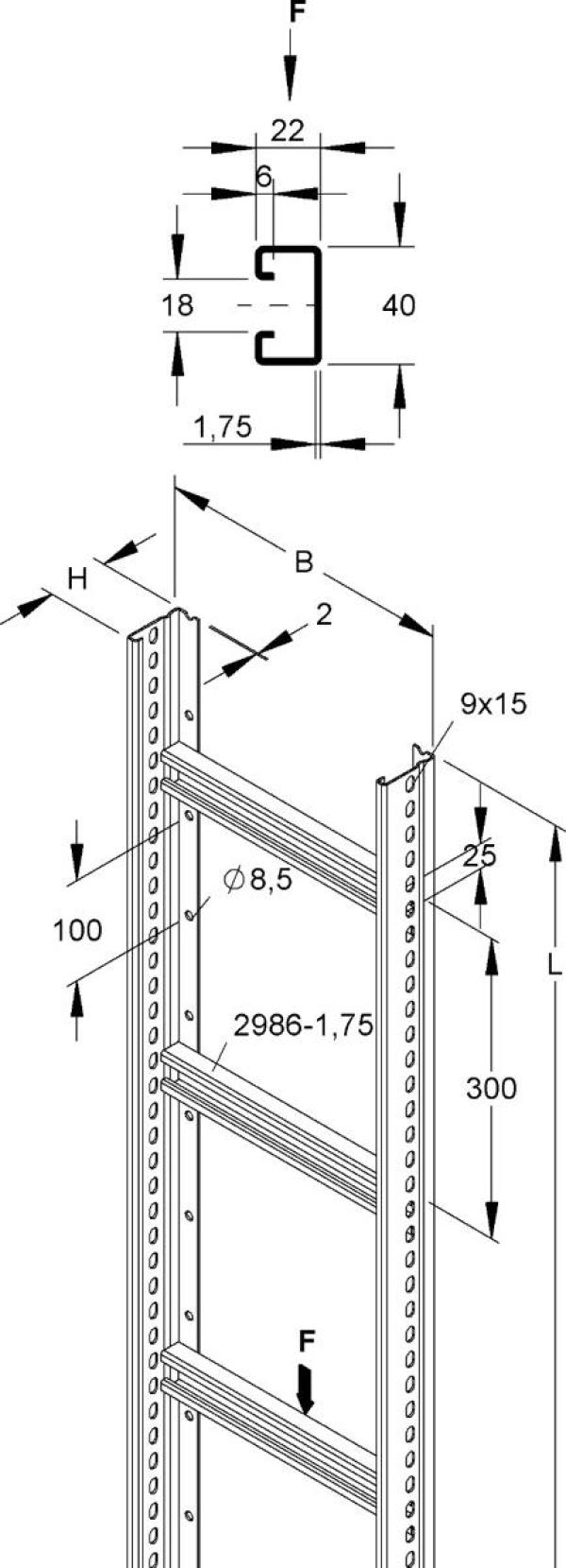 Niedax STM 60.403/3 Steigetrasse, 60x400x3000 mm, Sprossenabstand 300 mm, 1,75 kN, t=2 mm, Stahl, bandverzinkt