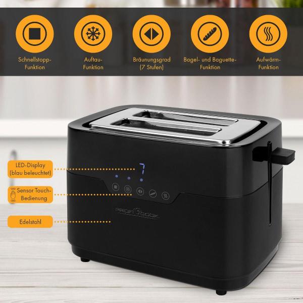 ProfiCook Toaster PC-TA 1244, 2 Scheiben, Sensor Touch-Bedienung, Brötchenaufsatz, schwarz